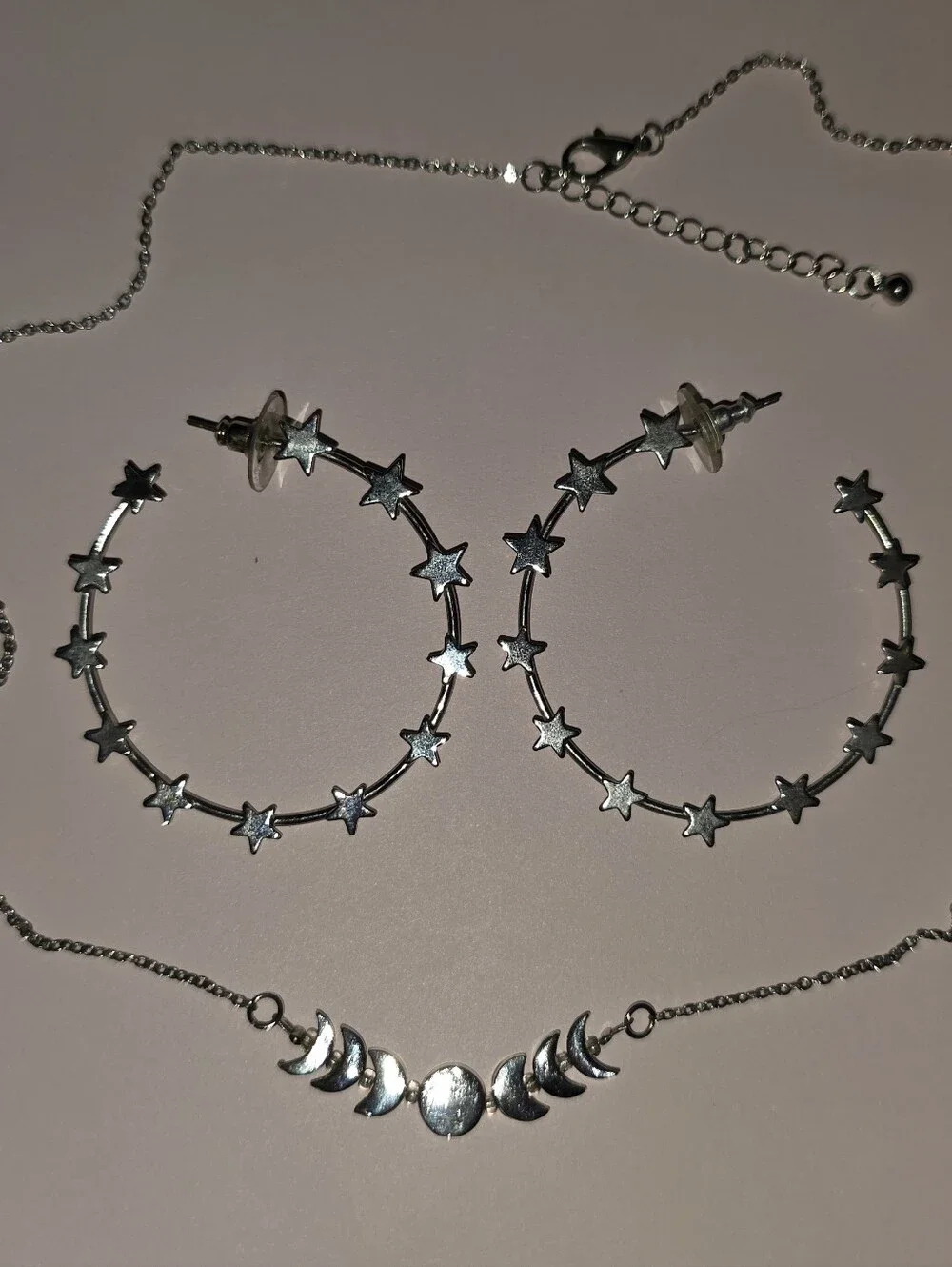 Silver-Toned Star Hoop Earrings and Moon Phase Necklace Set